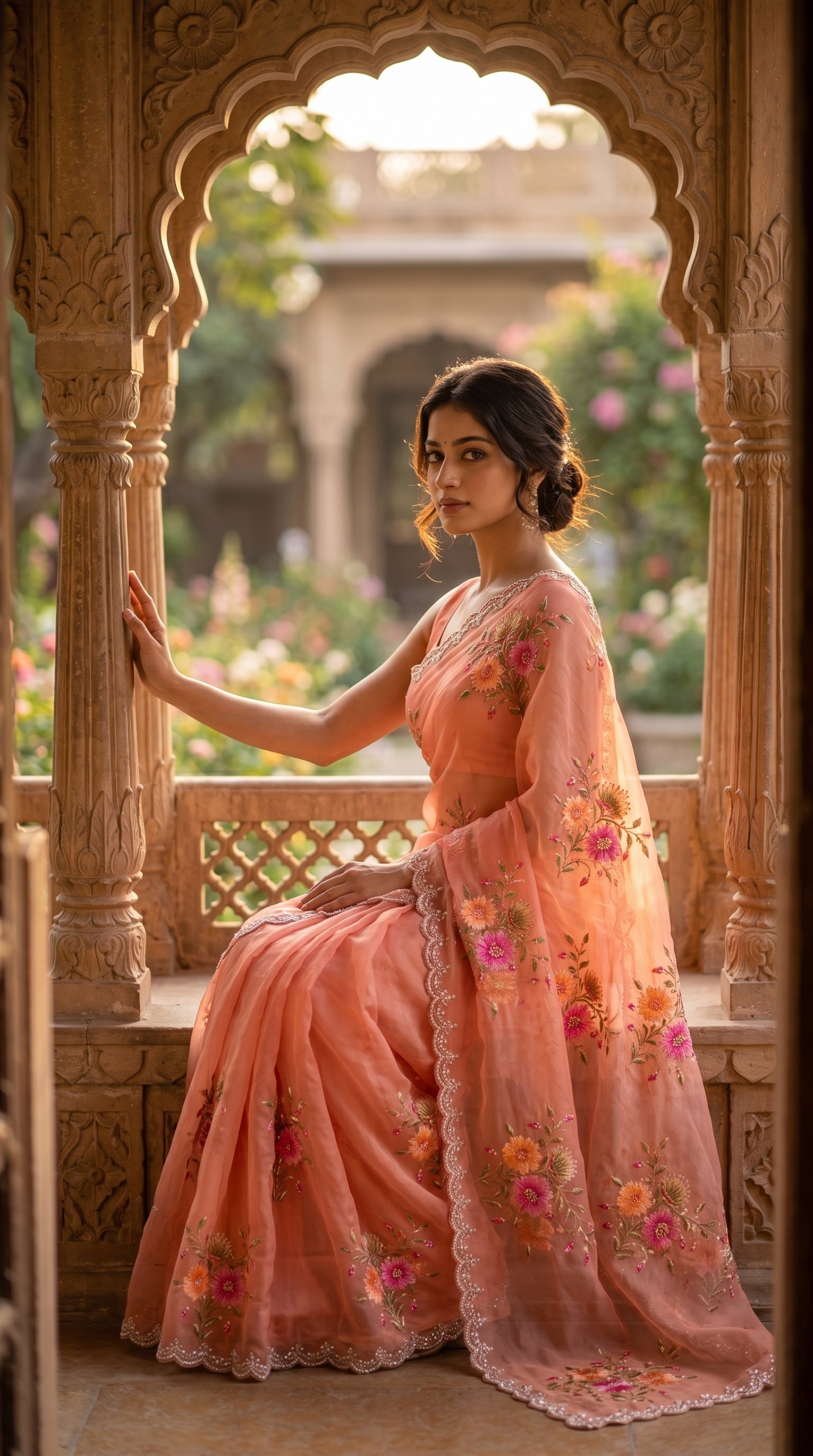 A woman with her hair styled in a low bun seated gracefully inside a palace window alcove, looking over her shoulder to highlight the clean lines and translucent sheer texture of her embroidered peach saree
