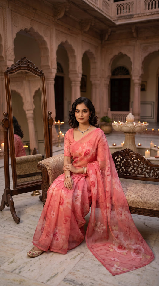 Model seated on a vintage wooden settee next to a full-length mirror and a candlelit fountain court, beautifully spreading out the fluid folds of her peach rose printed saree