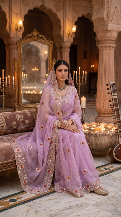 A woman wearing a statement emerald necklace seated on a plush velvet sofa in a candlelit courtyard, with her matching veil showcasing the intricate Resham and Zari hand worked floral motifs