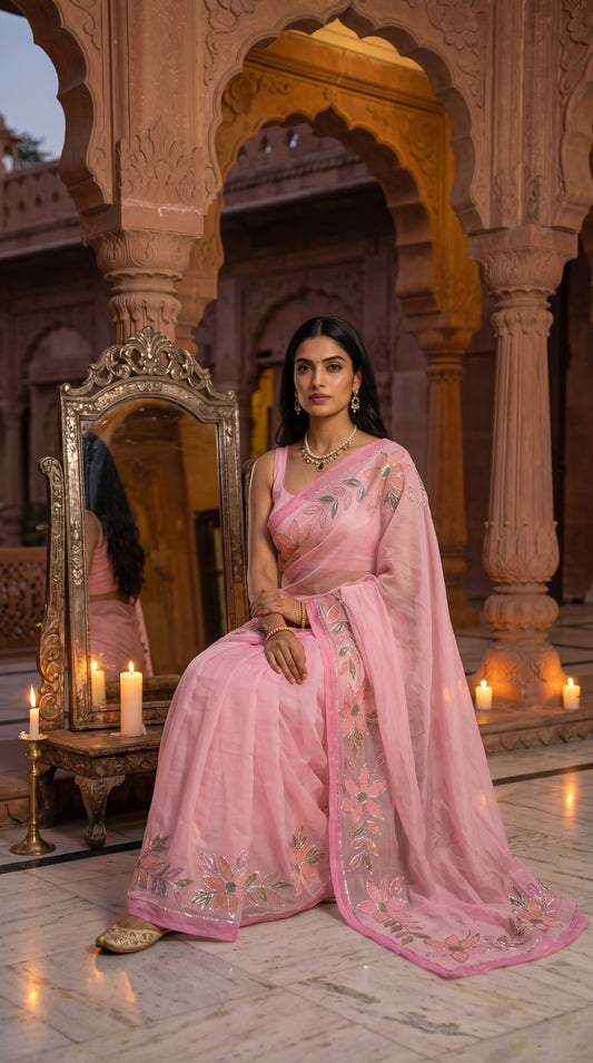 Model seated on a marble floor in front of a large ornate mirror and lit candles, beautifully spreading out the hand-painted flower panels and delicate Gota work of her pink chiffon saree