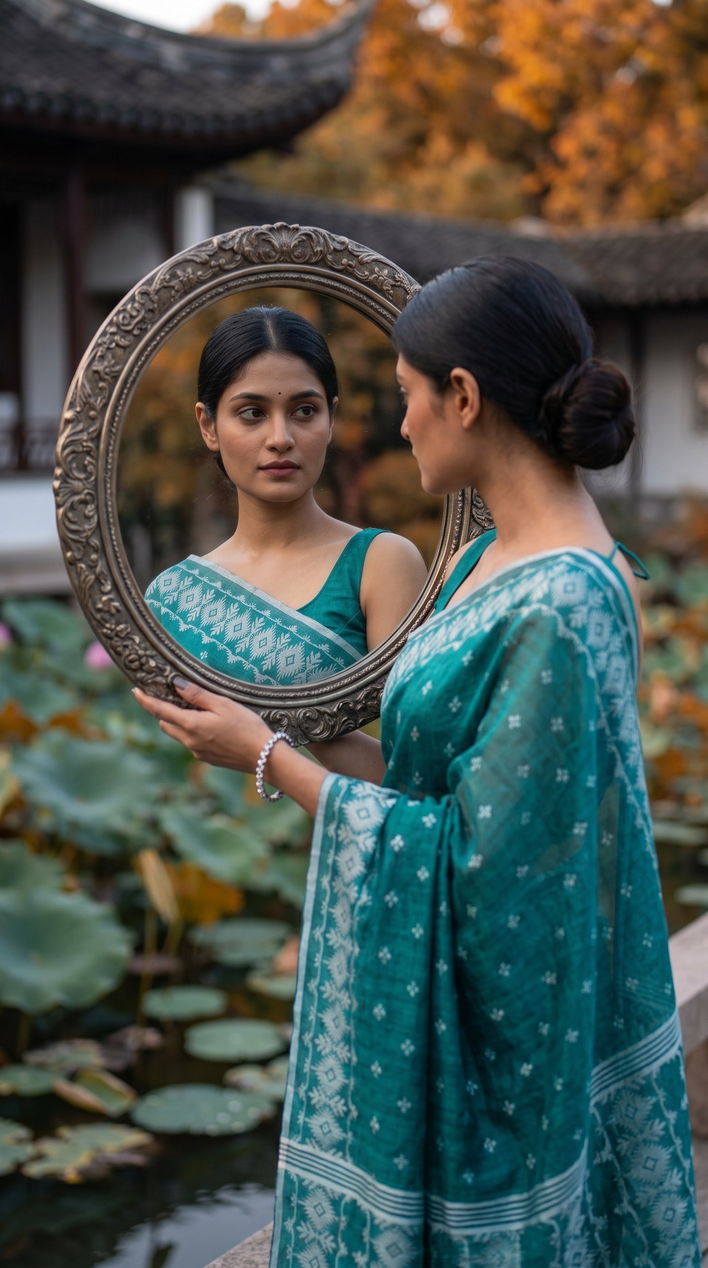 A woman holding a circular antique mirror near a lotus pond, showing her reflection alongside the delicate hand-woven floral motifs of a sea-green cotton tissue Jamdani saree