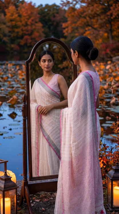 A woman looking into a full-length wooden mirror near a lotus pond at twilight, displaying the clean vertical stripes and pink trim of an off-white khadi linen saree