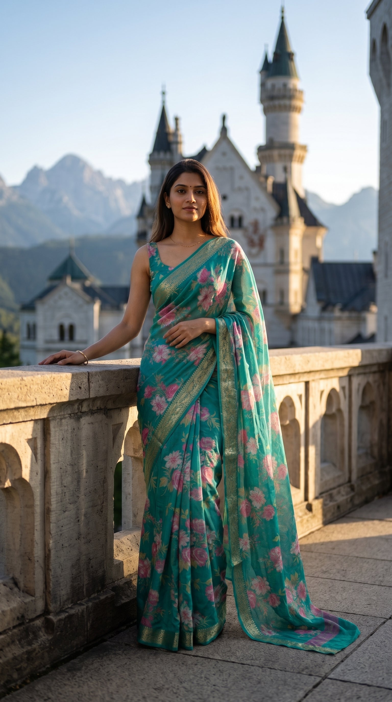 A model leaning against a stone terrace railing with a historic fairy tale castle in the mountains background, showcasing the fluid drape and premium gold jacquard border of her green floral saree