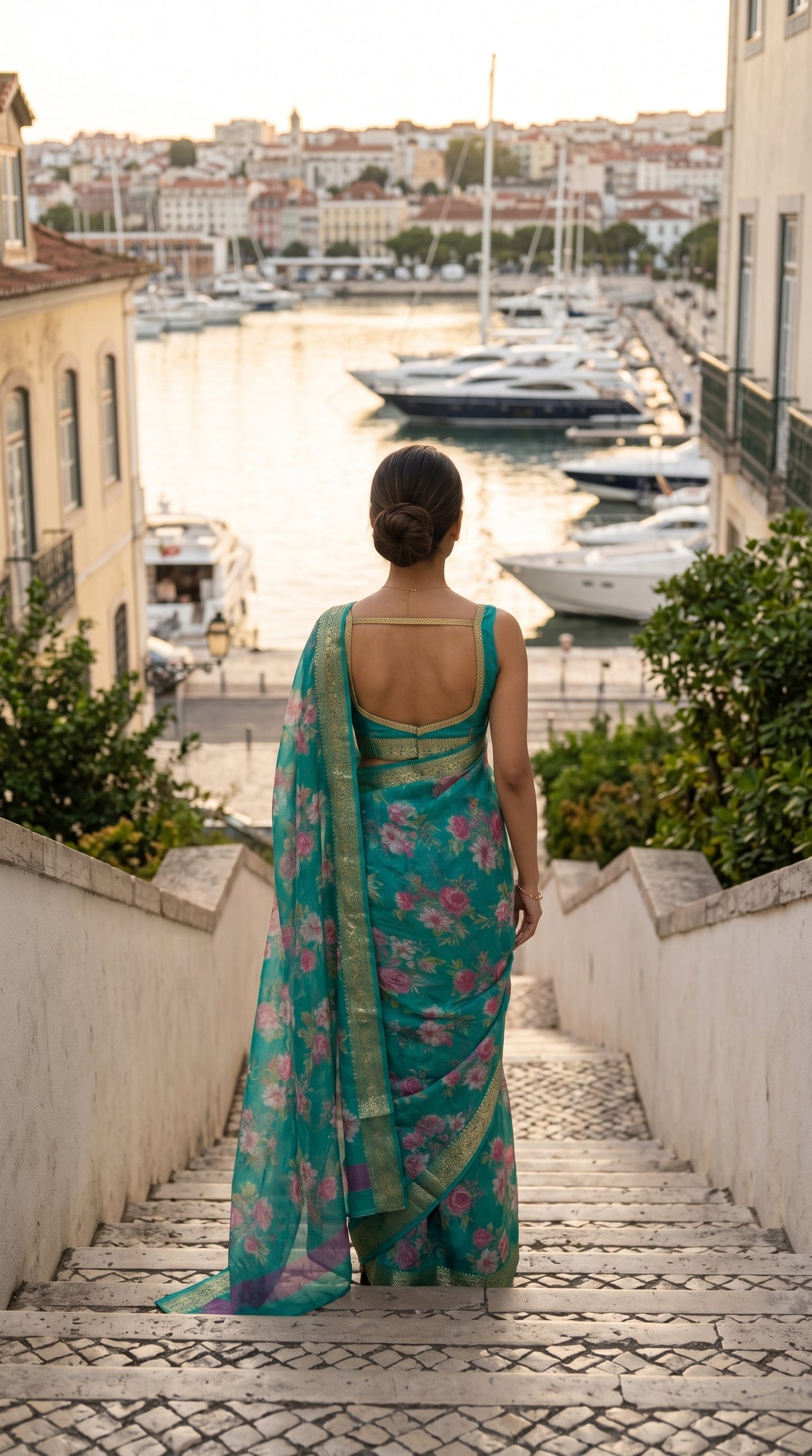 A back view of a woman with a neat bun walking down stone stairs overlooking a sun-drenched European harbor with yachts, highlighting the sleek square backline of her sleeveless green blouse and the trailing floral pallu