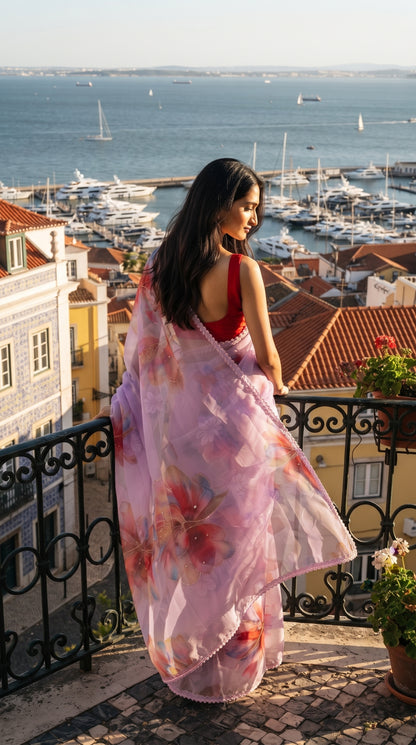 Pastel Pink Floral Chiffon Saree with Delicate Lace Border