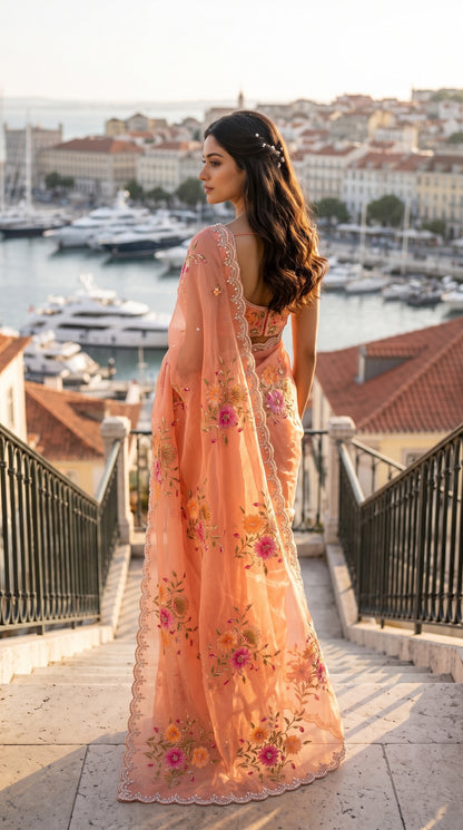 Back view of a woman looking out from a grand stone staircase over a European coastal city harbor, showcasing the structured sheer quality and rich trailing floral work of her peach organza saree