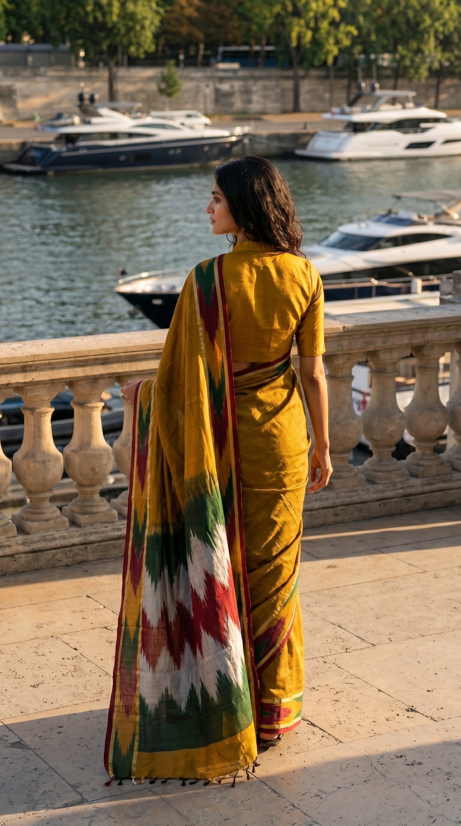 Woman in a handloom cotton saree with ikat border – golden with green, red and grey border standing by a waterfront with boats.