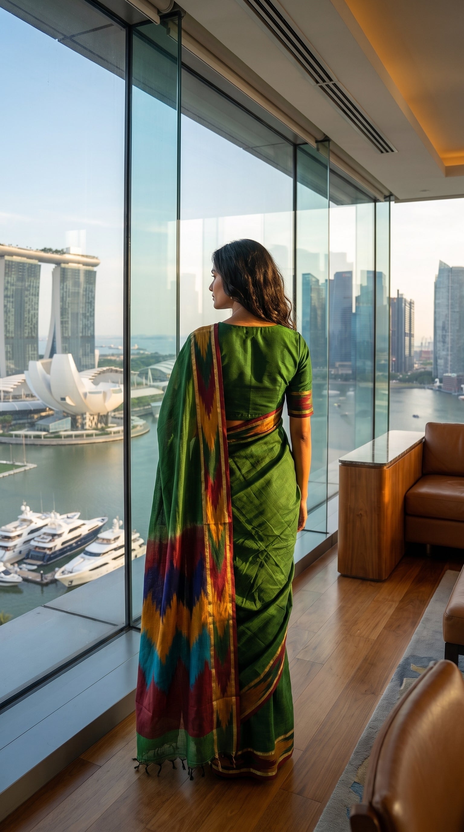 Woman in a handloom cotton saree with ikat border – green with magenta, yellow and green border standing by large glass windows with a cityscape view.