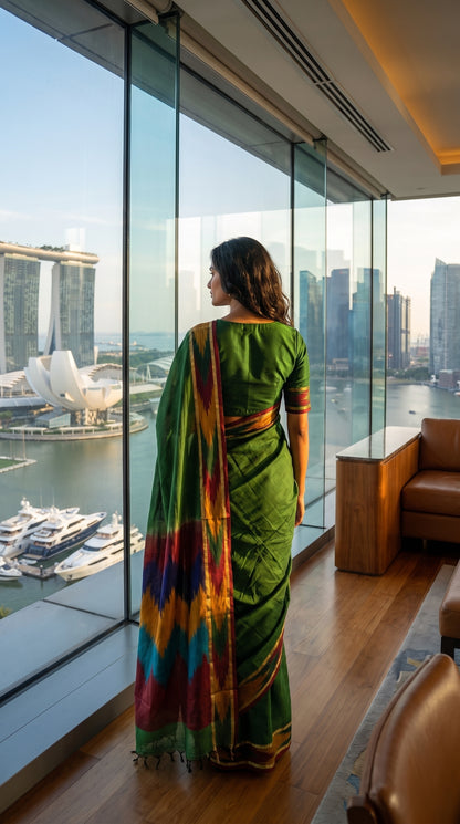 Woman in a handloom cotton saree with ikat border – green with magenta, yellow and green border standing by large glass windows with a cityscape view.