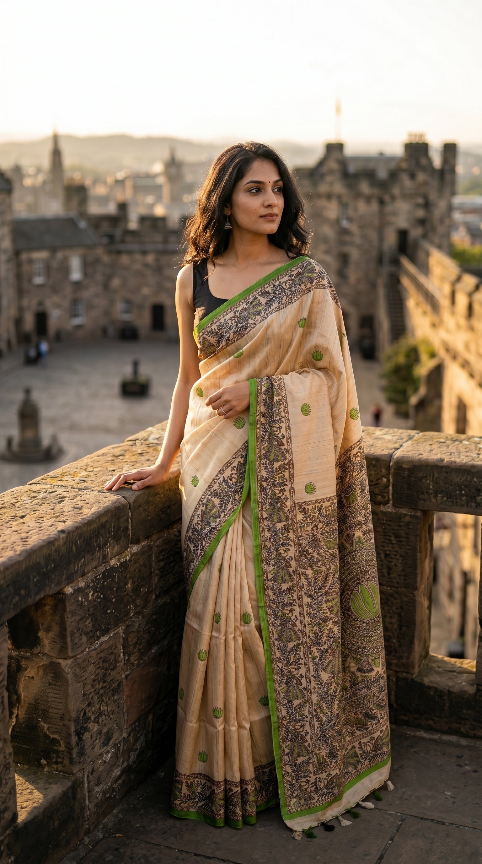 A model posing on a historic stone balcony overlooking a courtyard, highlighting the fine line-work and parrot green borders of her Madhubani silk saree