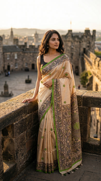 A model posing on a historic stone balcony overlooking a courtyard, highlighting the fine line-work and parrot green borders of her Madhubani silk saree