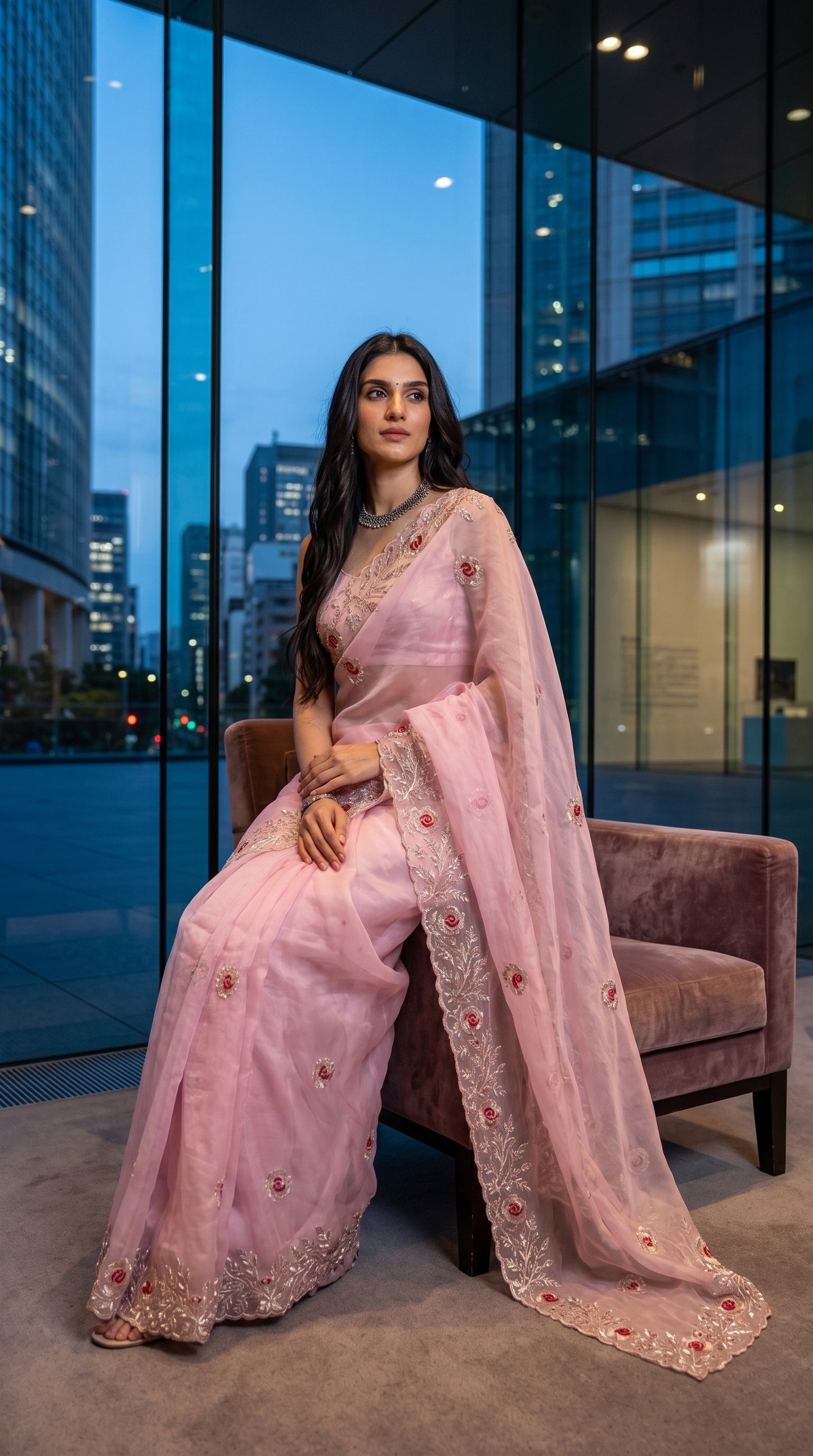 A model seated on the edge of a plush velvet chair in a modern lounge against a floor-to-ceiling glass window with city buildings at dusk, showcasing the crisp, sheer texture of her blushing pink organza saree