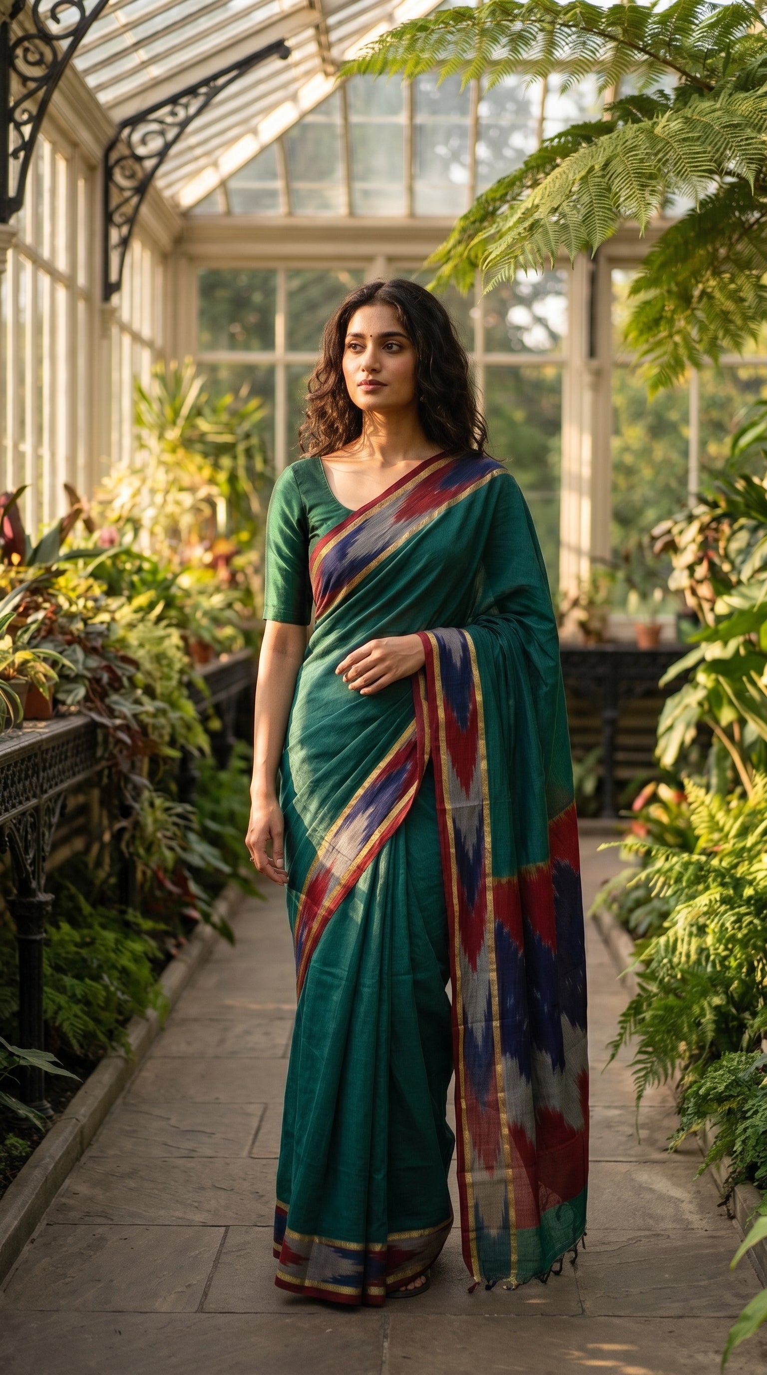 Woman in a handloom cotton saree with ikat border – peacock green with grey and blue-red border standing in a greenhouse.
