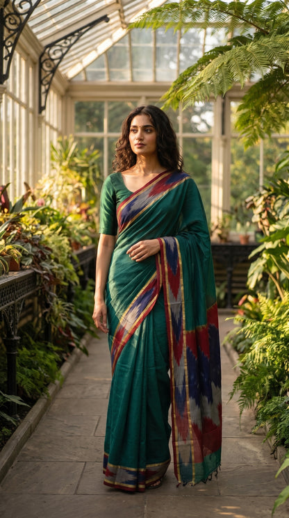 Woman in a handloom cotton saree with ikat border – peacock green with grey and blue-red border standing in a greenhouse.