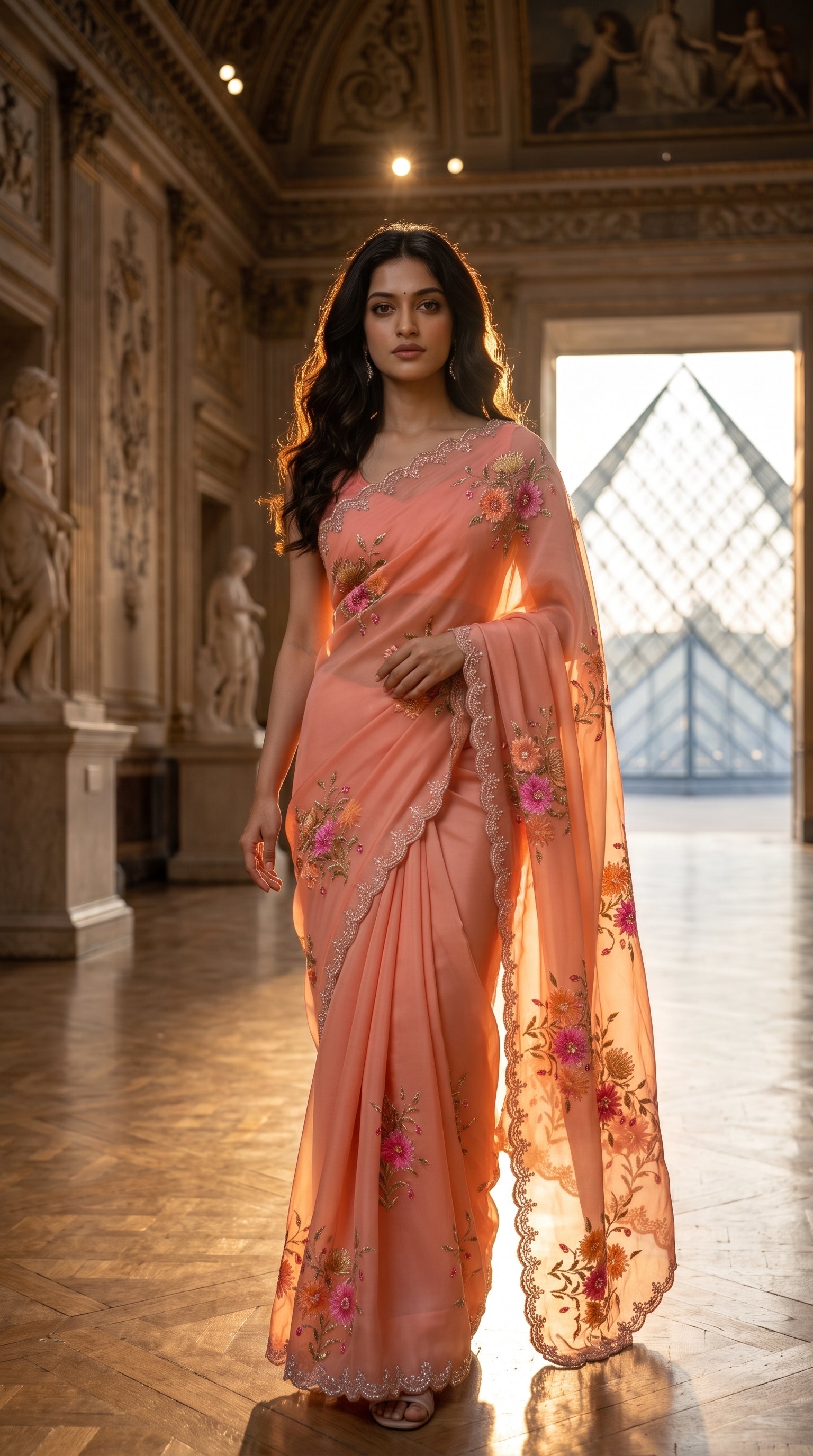 Full-length image of a woman walking through a classical luxury hall with high ceilings and statue niches, displaying the elegant straight drape, structured fall, and scalloped borders of a peach pure organza saree