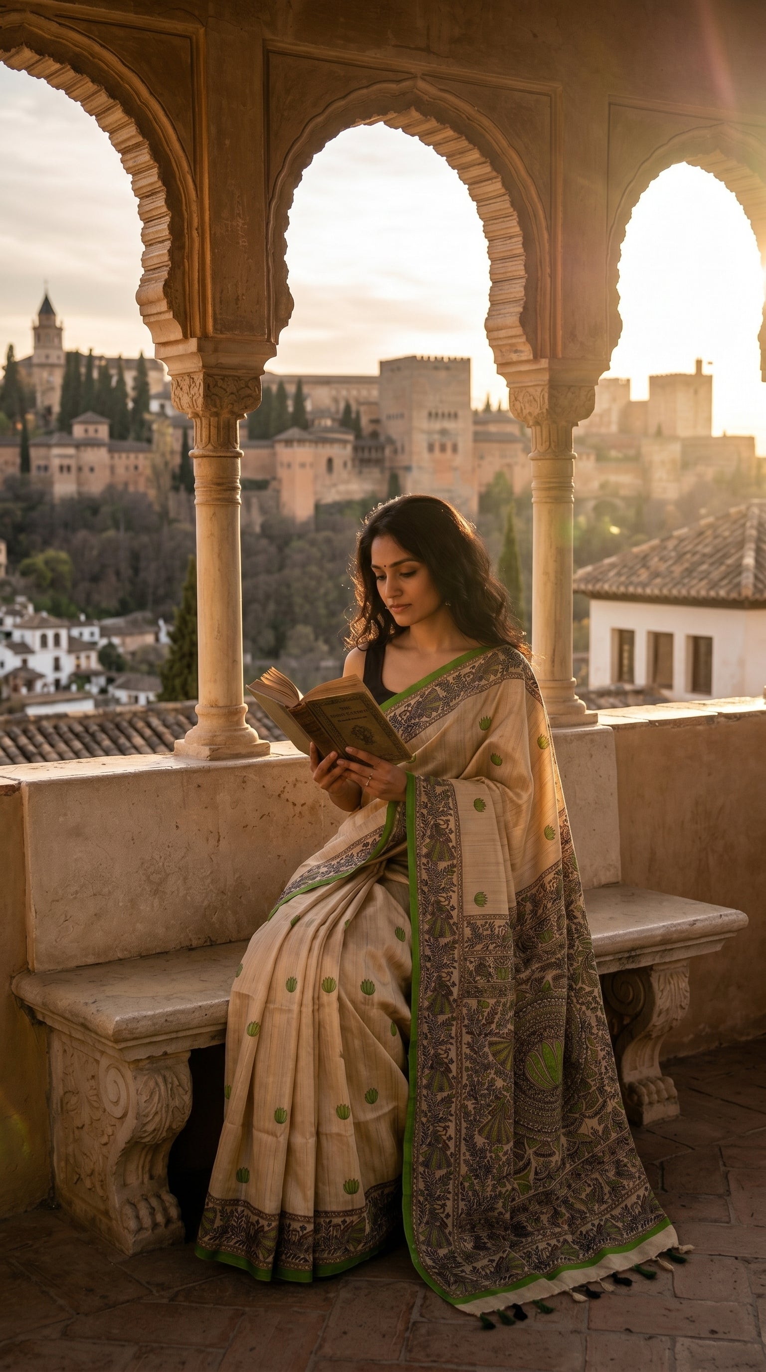 Model seated comfortably on an ornate stone bench under a historic archway, reading an open book while draped in a beige and parrot green Madhubani silk saree