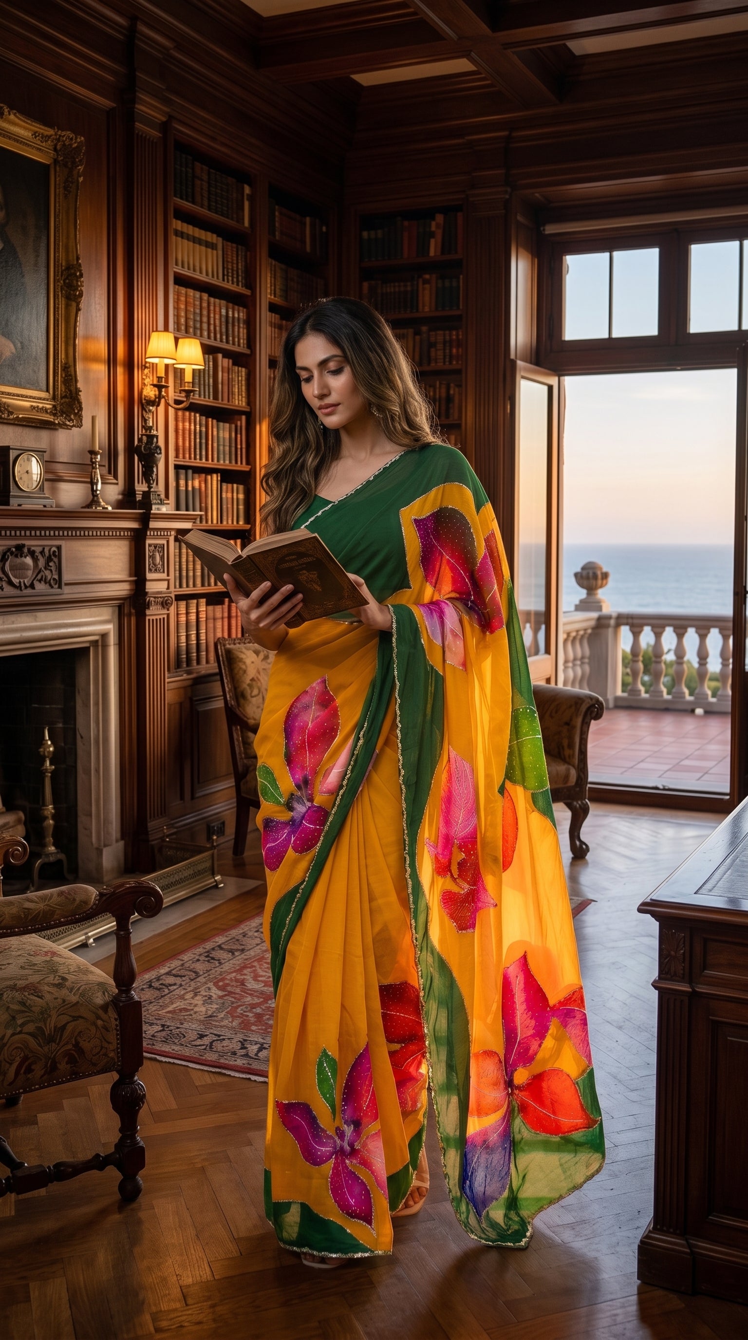 Model reading a book while standing inside a luxury classical library with floor-to-ceiling bookshelves and an ocean view balcony, displaying the vibrant watercolor floral canvas of her yellow pure chinon saree