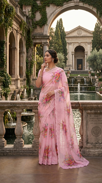 Editorial portrait of a model looking away next to a stone balustrade, showcasing the elegant scalloped edge and floral patterns of a blush pink chiffon saree