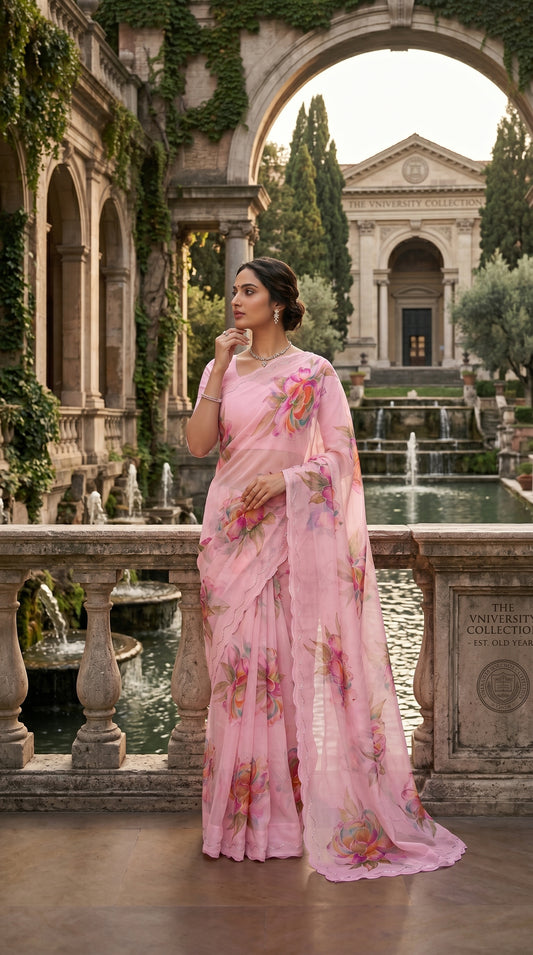 Editorial portrait of a model looking away next to a stone balustrade, showcasing the elegant scalloped edge and floral patterns of a blush pink chiffon saree