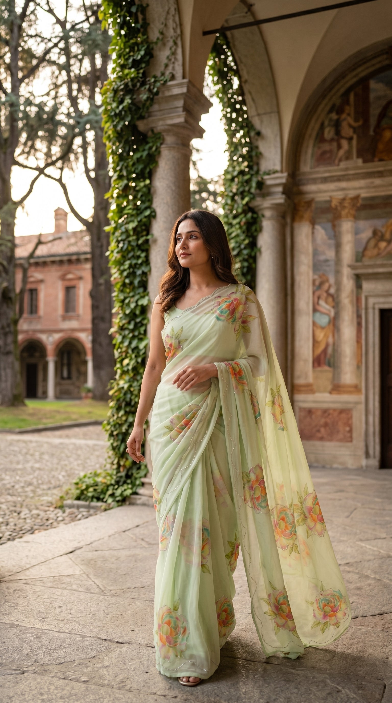 Editorial portrait of a model looking away next to a stone pillar, showcasing the elegant scalloped edge and soft watercolor patterns of a pista green chiffon saree