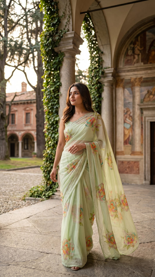 Editorial portrait of a model looking away next to a stone pillar, showcasing the elegant scalloped edge and soft watercolor patterns of a pista green chiffon saree