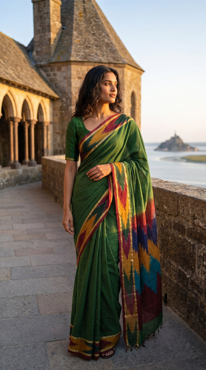 Woman in a handloom cotton saree with ikat border – green with magenta, yellow and green border standing in front of a stone building with arched windows.