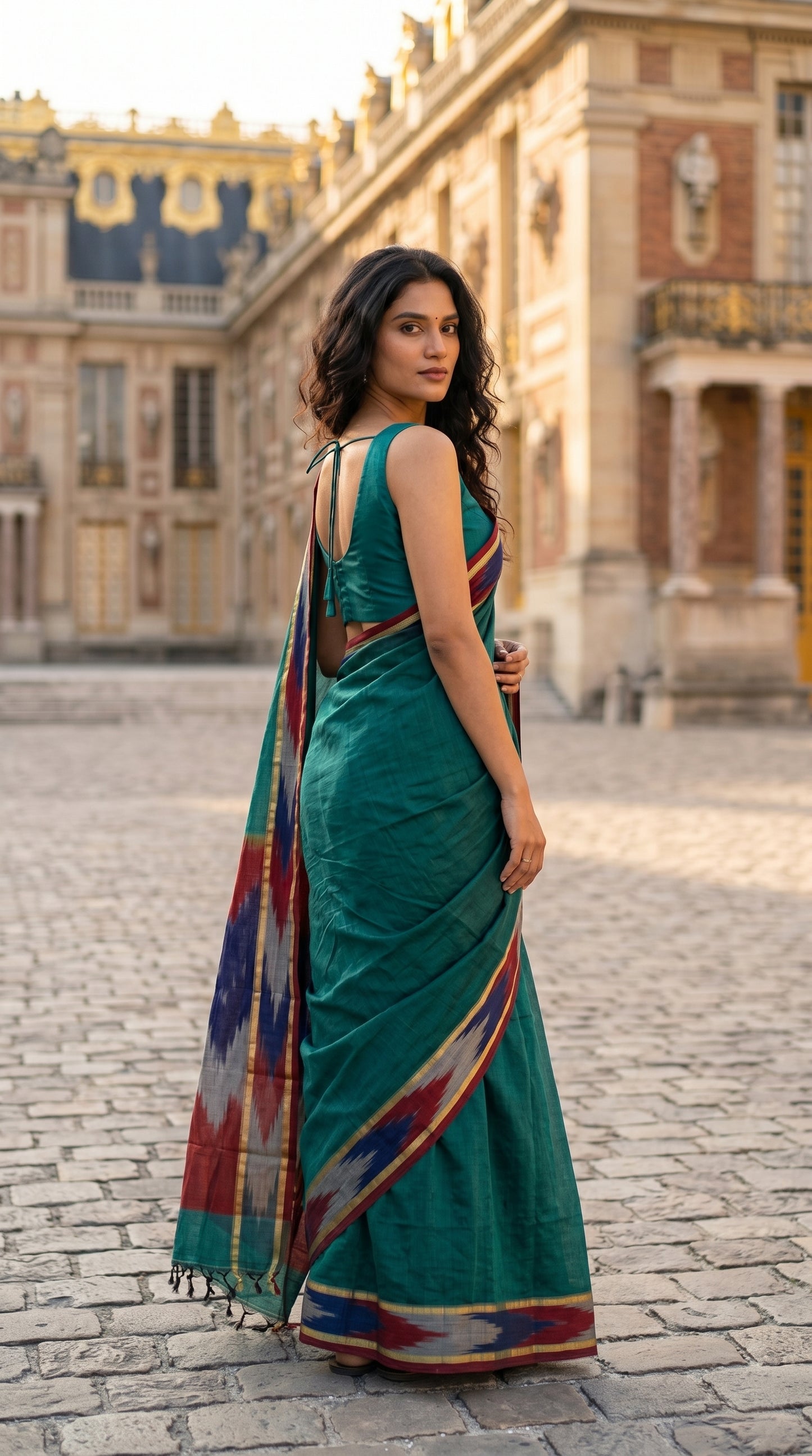 Woman in a handloom cotton saree with ikat border – peacock green with grey and blue-red border standing in front of an old building.