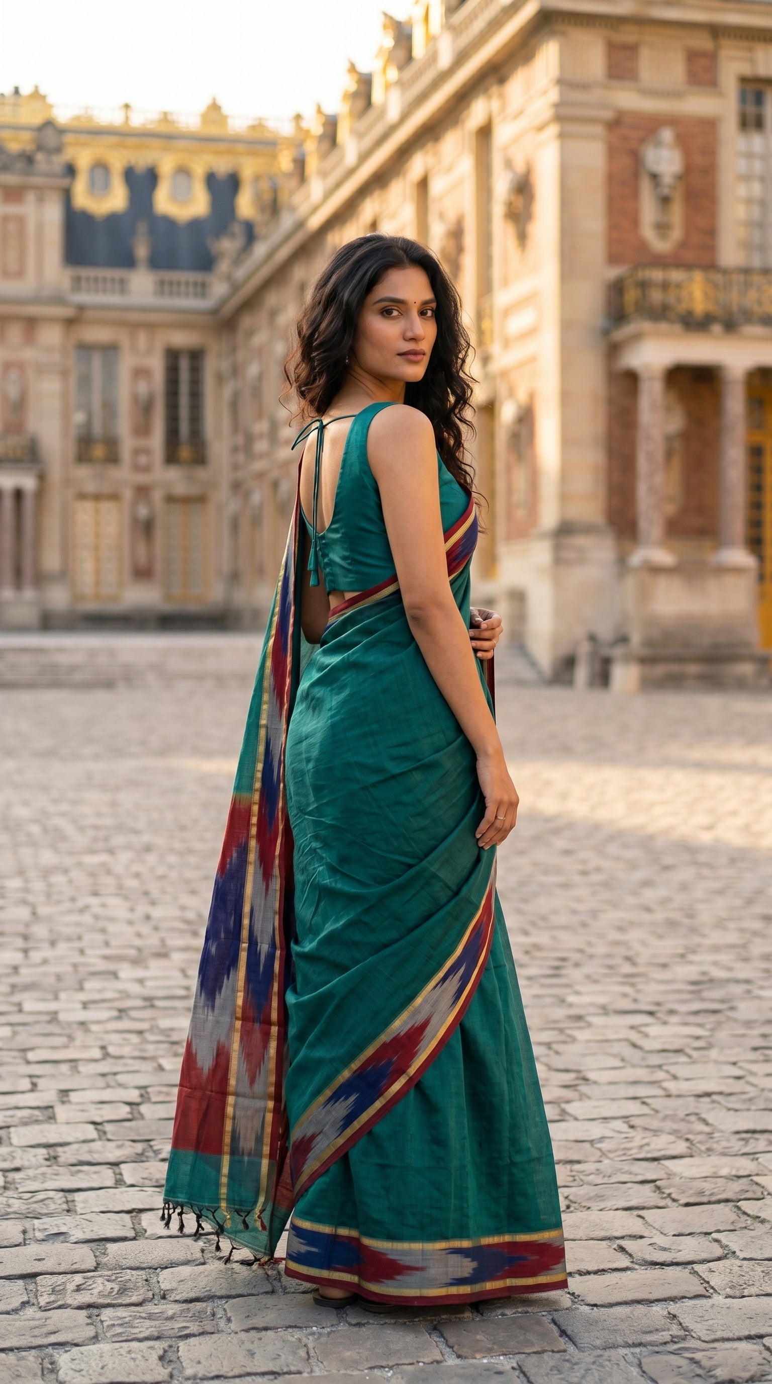 Woman in a handloom cotton saree with ikat border – peacock green with grey and blue-red border standing in front of an old building.