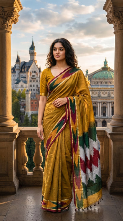 Woman in a handloom cotton saree with ikat border – golden with green, red and grey border standing in front of a historic building.