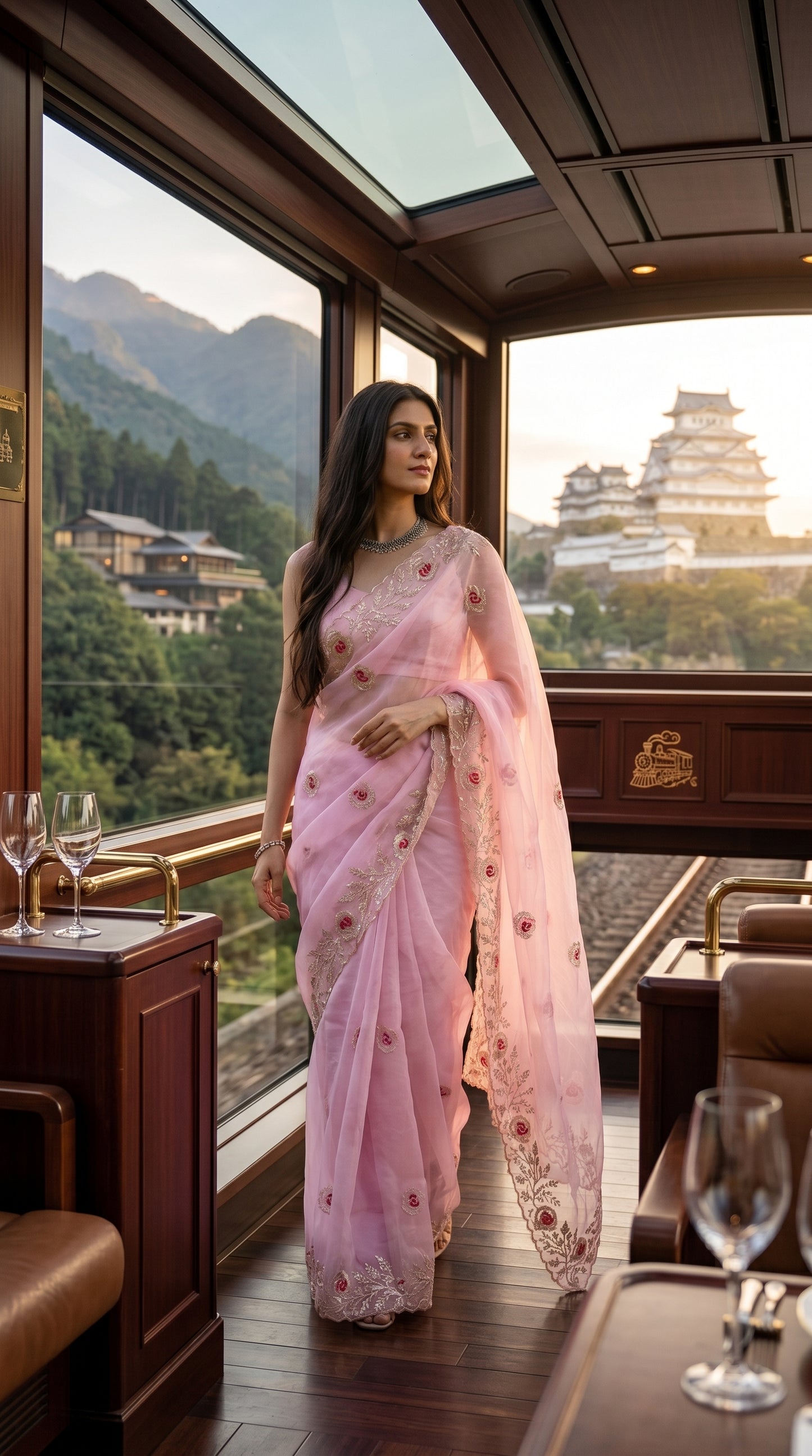 Full-length image of a woman posing inside a luxury train carriage overlooking mountains and a historic white castle, displaying the structured drape and scalloped embroidered border of a pink organza saree