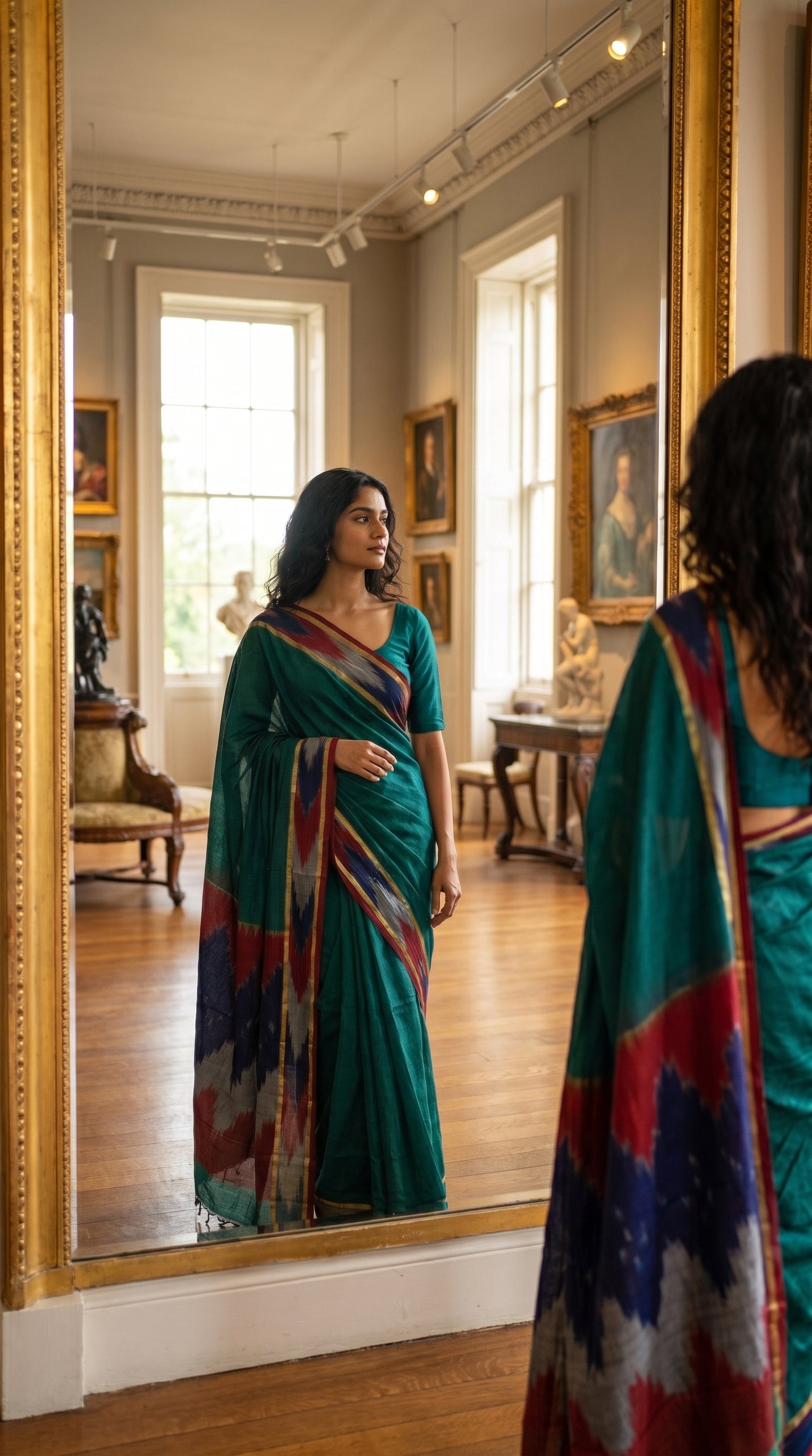 Woman in a handloom cotton saree with ikat border – peacock green with grey and blue-red border standing in a room with large windows and framed pictures on the walls.