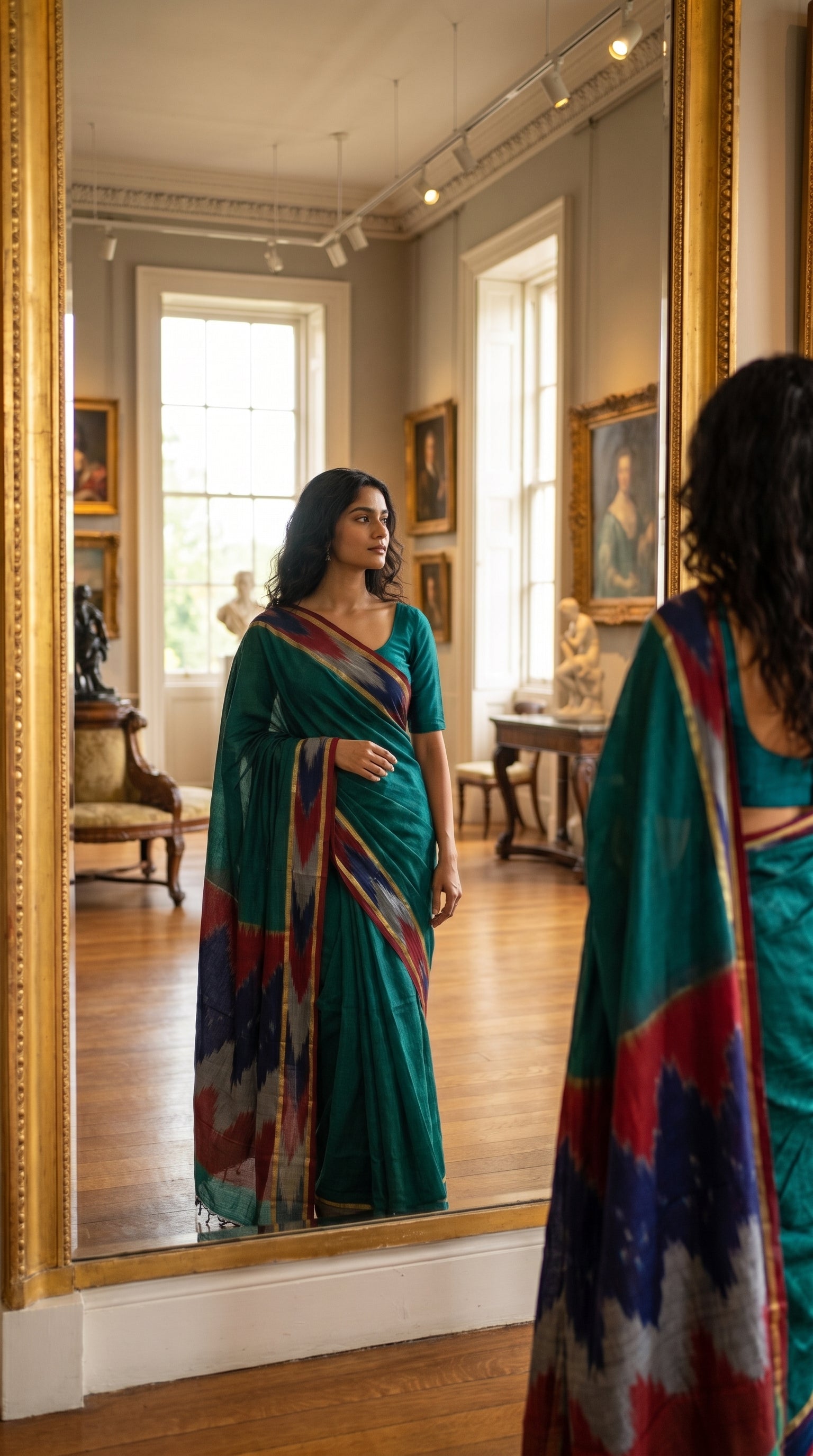 Woman in a handloom cotton saree with ikat border – peacock green with grey and blue-red border standing in a room with large windows and framed pictures on the walls.