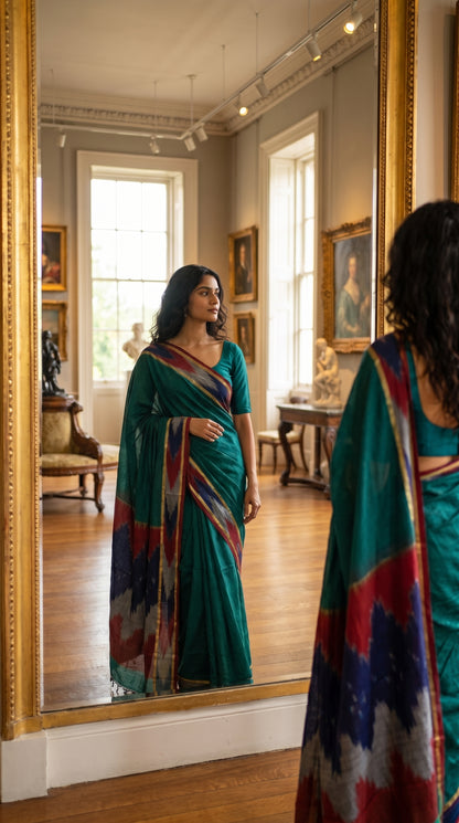 Woman in a handloom cotton saree with ikat border – peacock green with grey and blue-red border standing in a room with large windows and framed pictures on the walls.