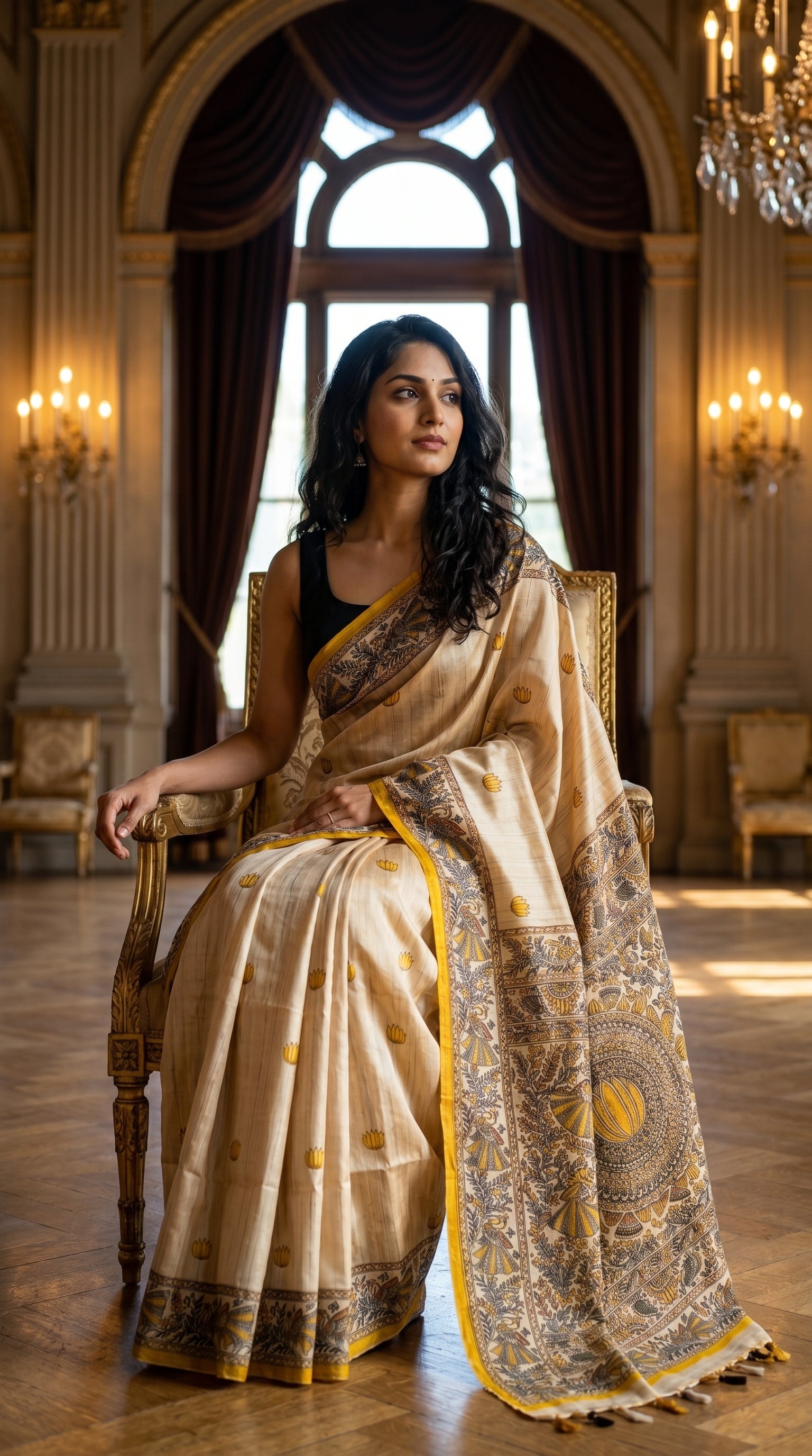 Model seated gracefully on an antique gold chair in a palace room, showcasing the detailed pleats and traditional yellow border motifs of a blended Tussar silk saree