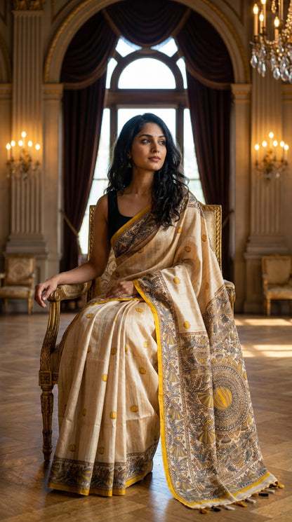 Model seated gracefully on an antique gold chair in a palace room, showcasing the detailed pleats and traditional yellow border motifs of a blended Tussar silk saree