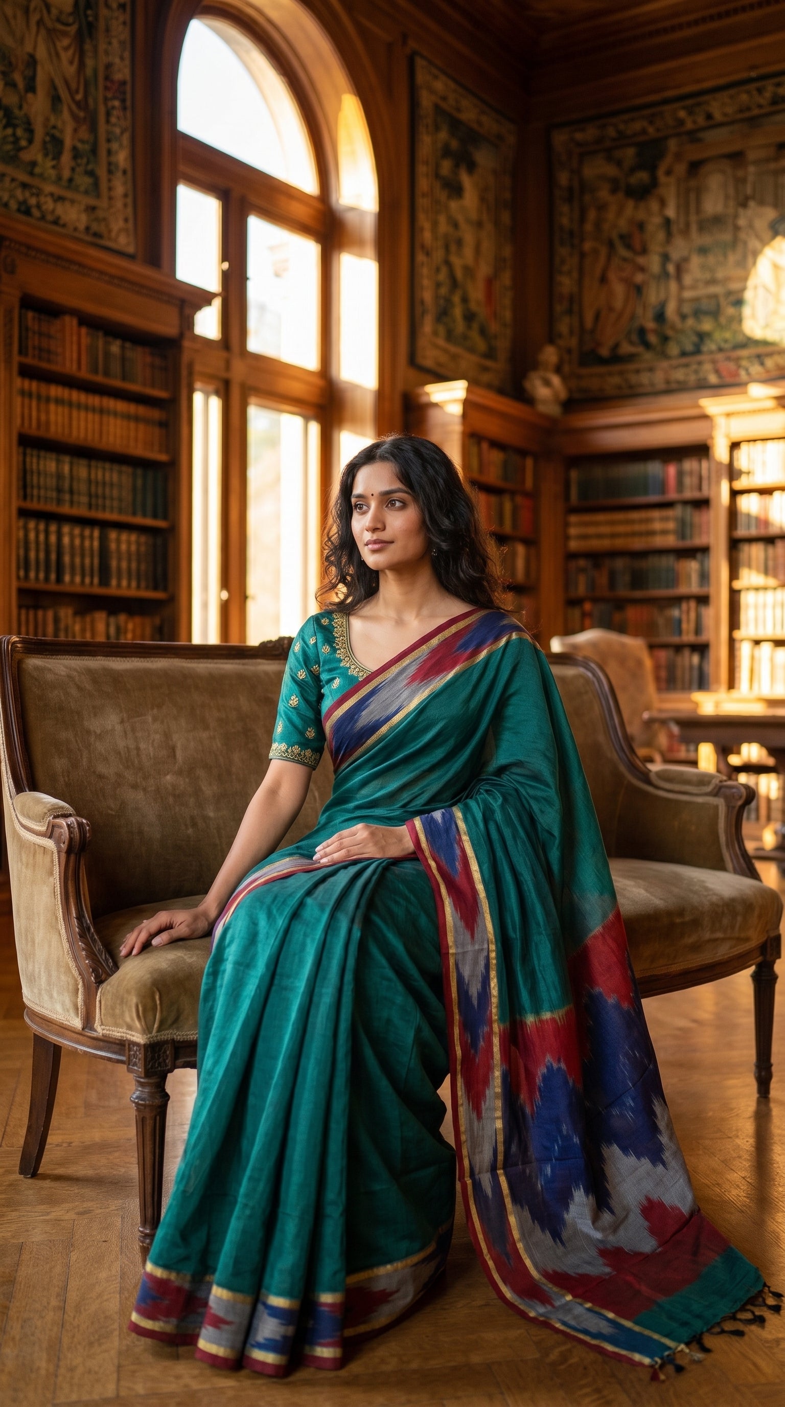 Woman in a handloom cotton saree with ikat border – peacock green with grey and blue-red border sitting in a library.
