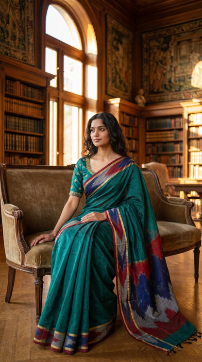 Woman in a handloom cotton saree with ikat border – peacock green with grey and blue-red border sitting in a library.
