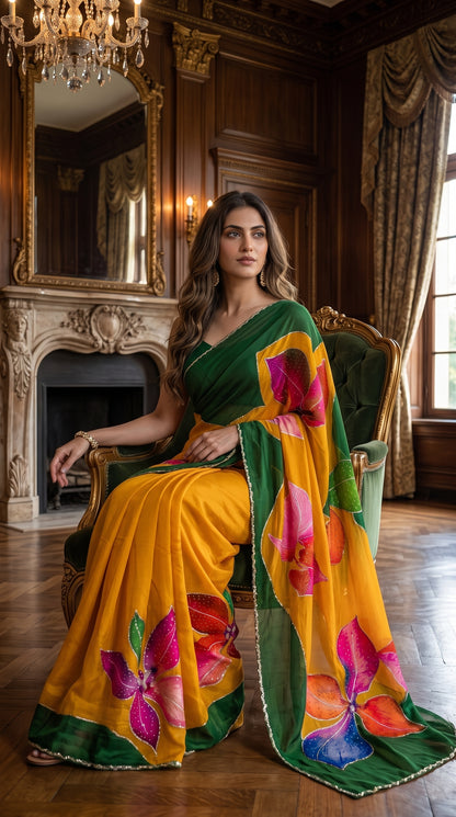 A model seated in a tufted green armchair next to a vintage fireplace in a wooden-paneled study hall, displaying the elegant drape, green border trims, and hand-embellished details of her yellow chinon saree