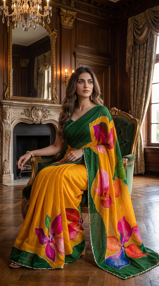 A model seated in a tufted green armchair next to a vintage fireplace in a wooden-paneled study hall, displaying the elegant drape, green border trims, and hand-embellished details of her yellow chinon saree