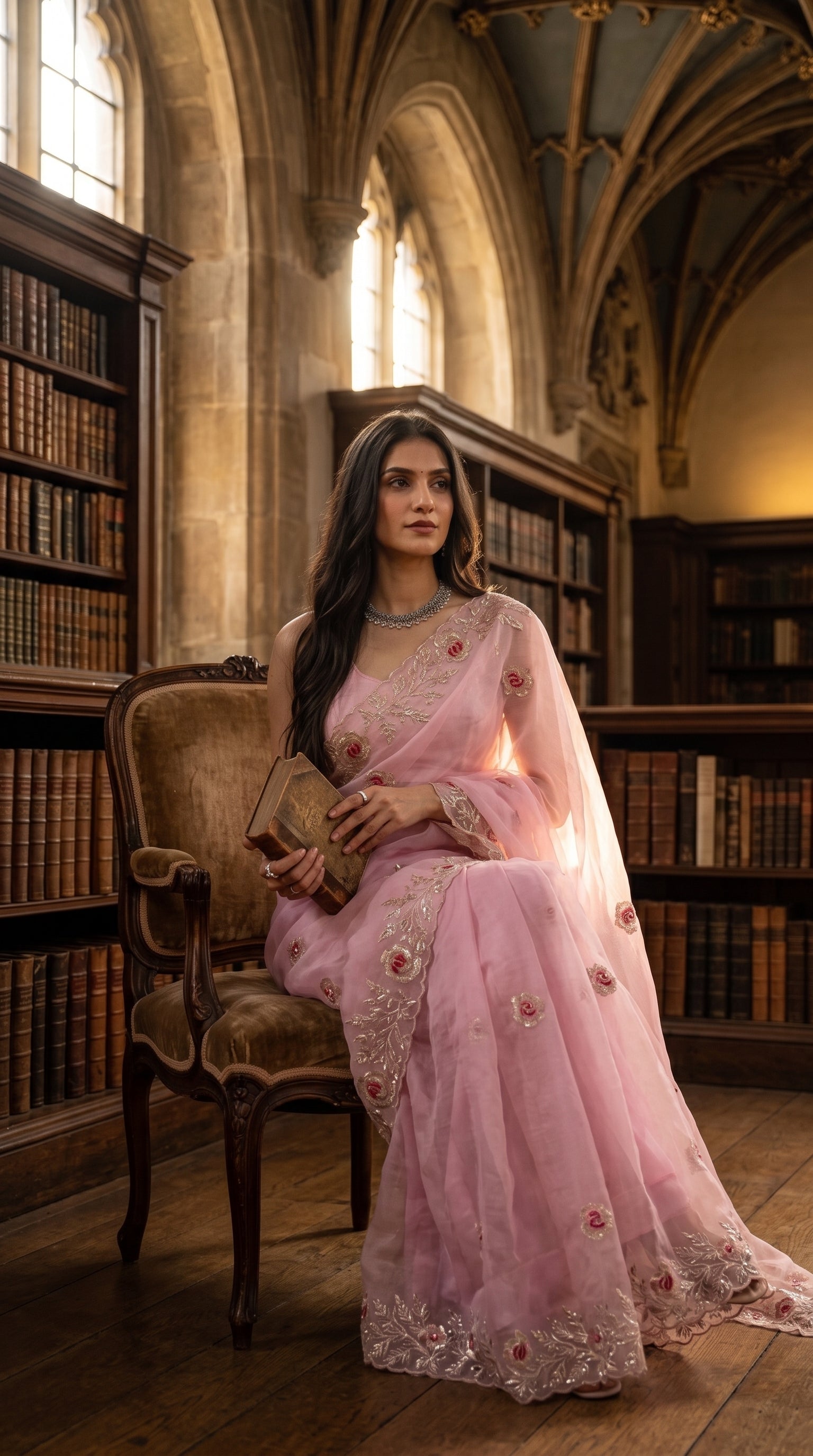 A model holding an antique book while seated in a vintage armchair inside a grand library hall with high vaulted ceilings, highlighting the intricate floral embroidery of her pink sheer saree