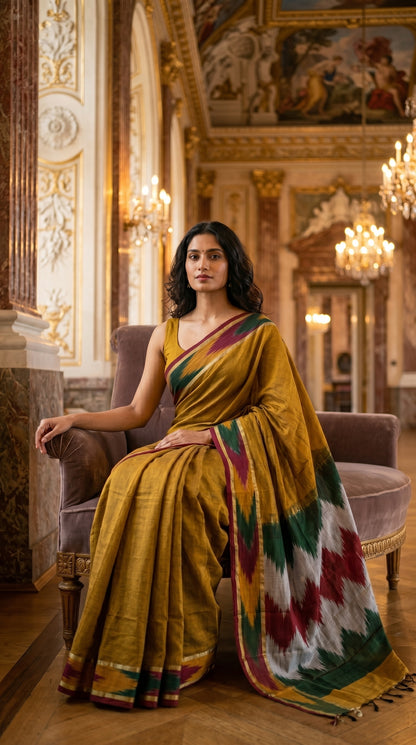 Woman in a handloom cotton saree with ikat border – golden with green, red and grey border sitting in an ornate room.