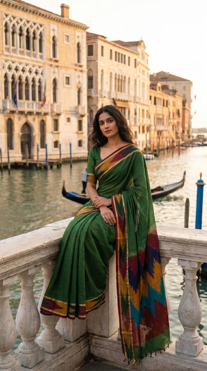 Woman in a handloom cotton saree with ikat border – green with magenta, yellow and green border sitting by a canal in Venice.