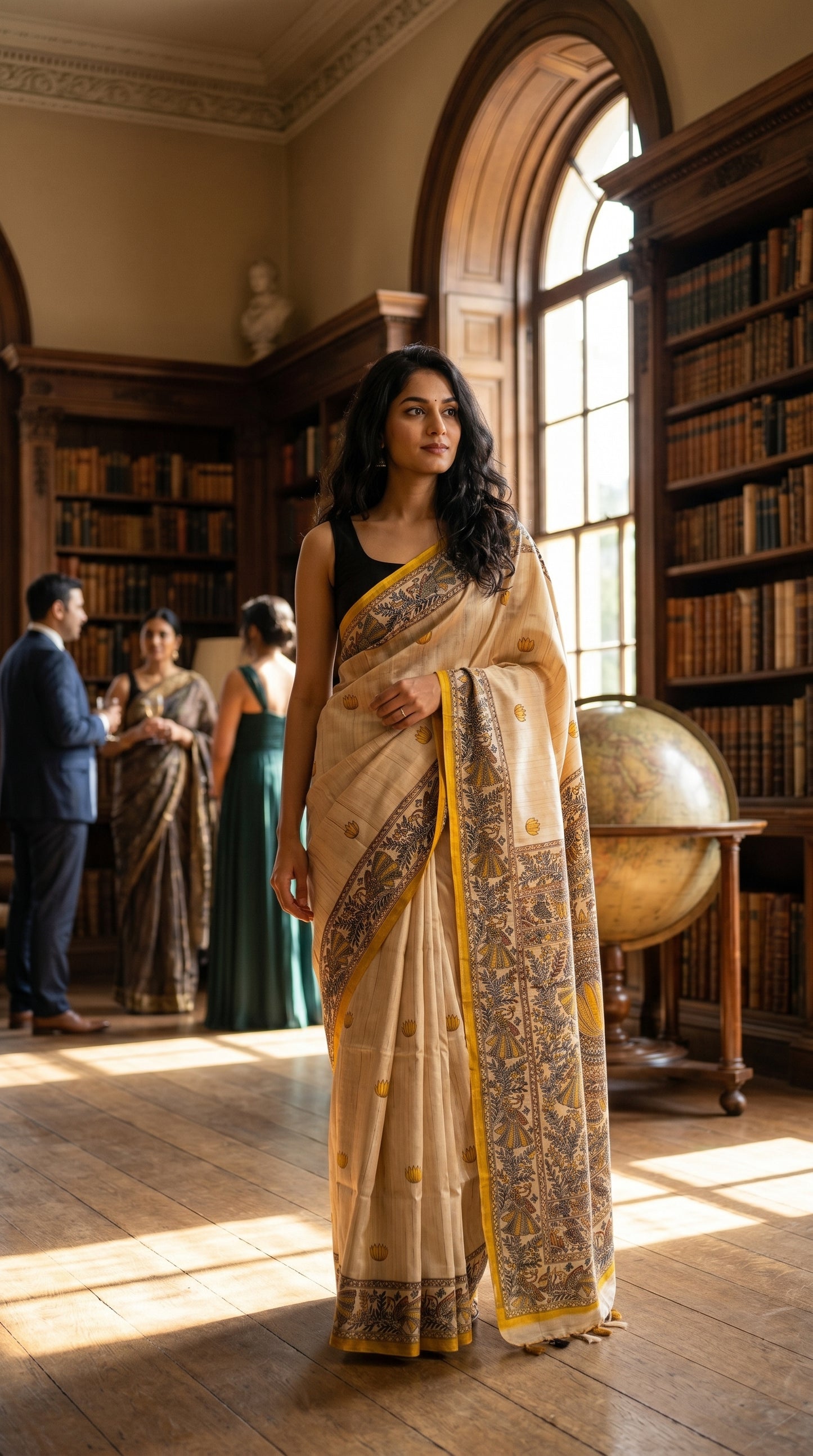 Full-length image of a model standing in a historic library hall next to a globe, showcasing the structured drape and yellow accents of a Madhubani silk saree