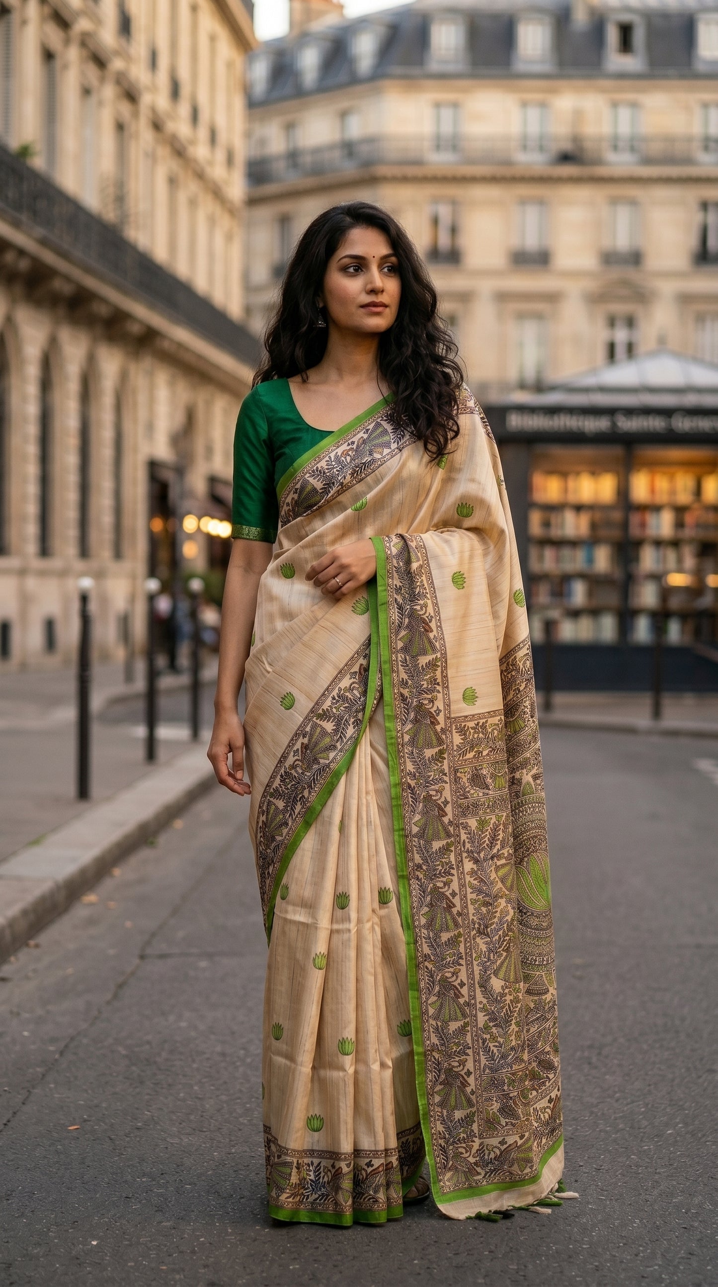Full-length image of a model walking down a European city street, highlighting the structured drape and parrot green borders of a traditional Madhubani printed Tussar silk saree