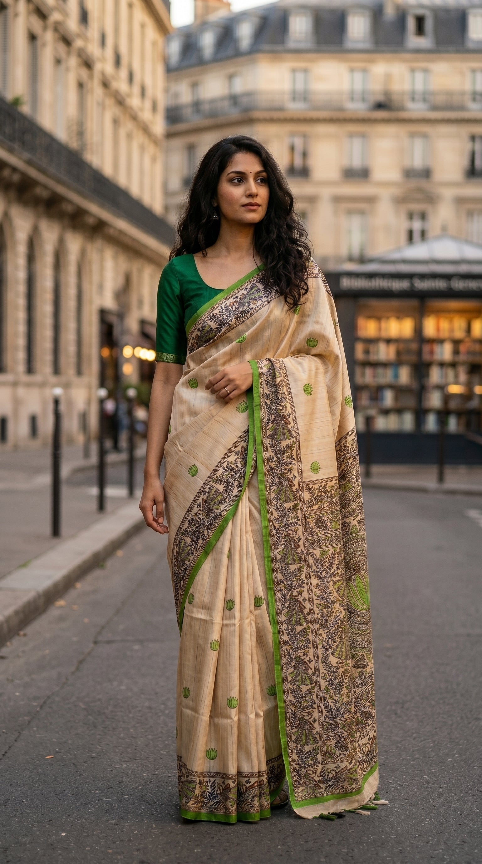 Full-length image of a model walking down a European city street, highlighting the structured drape and parrot green borders of a traditional Madhubani printed Tussar silk saree