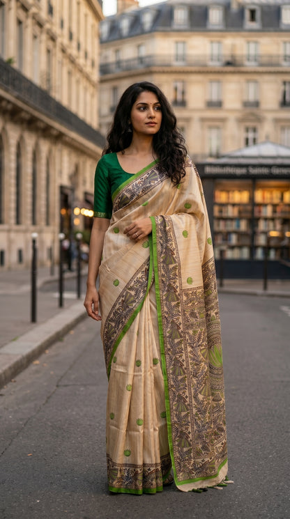 Full-length image of a model walking down a European city street, highlighting the structured drape and parrot green borders of a traditional Madhubani printed Tussar silk saree
