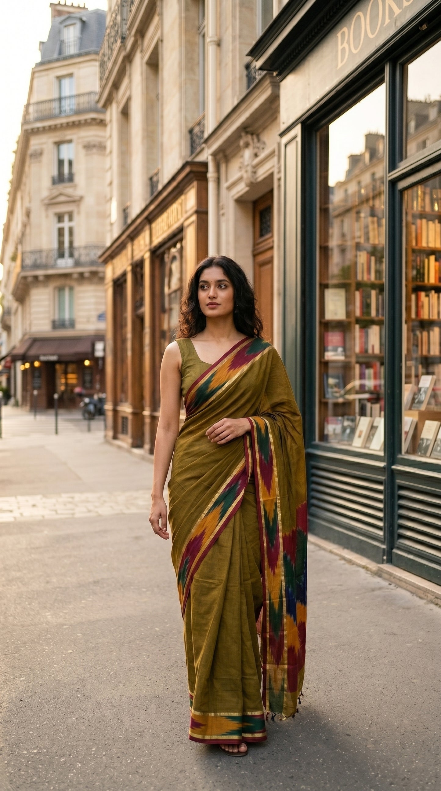 Woman in a handloom cotton saree with ikat border – antique golden with magenta yellow and green border standing on a street in an urban setting