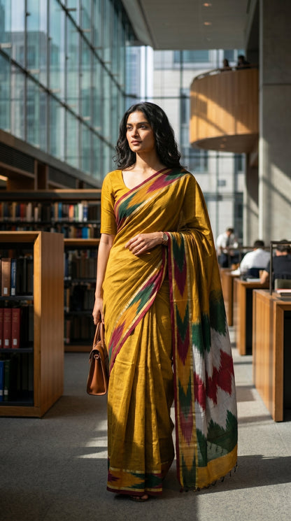 Woman in a handloom cotton saree with ikat border – golden with green, red and grey border standing in a library.
