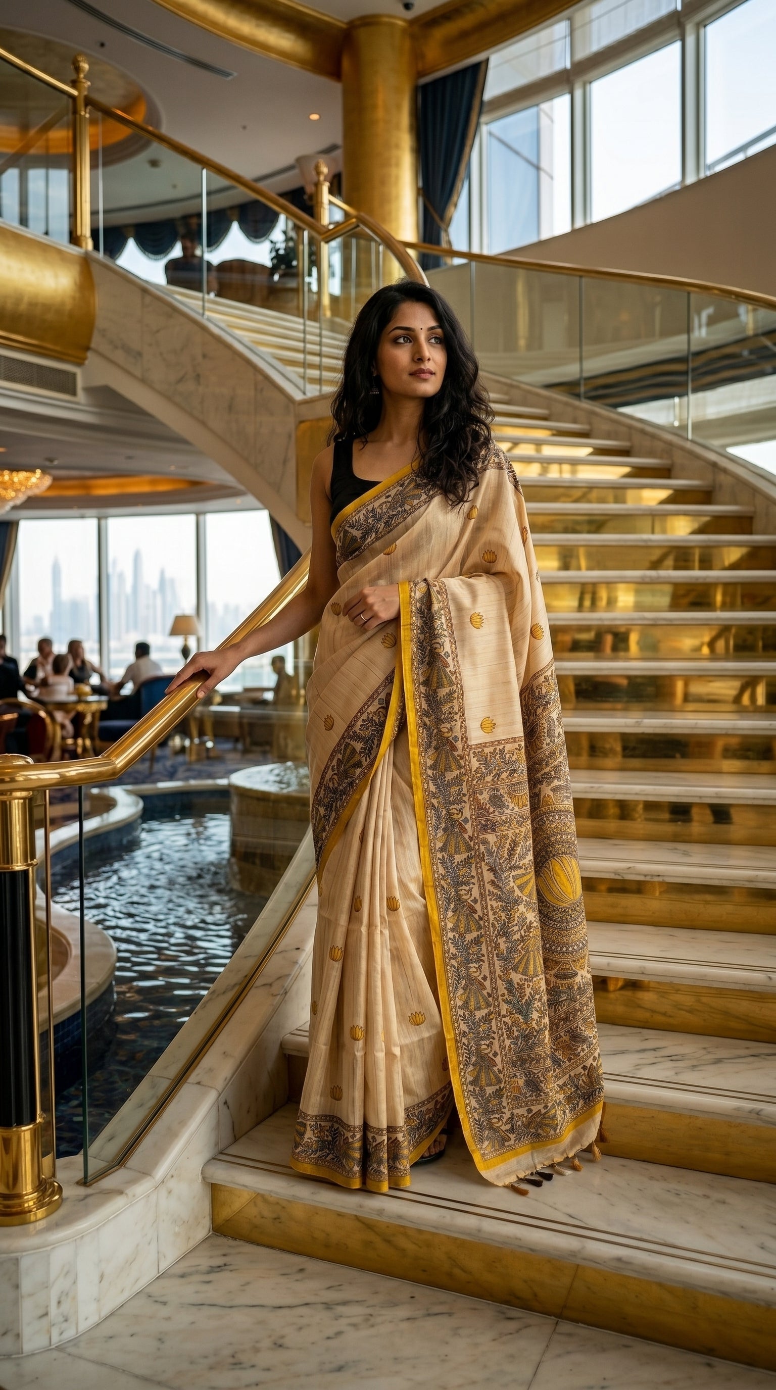 A woman standing on a grand marble hotel staircase with golden railings, draped in a beige Tussar silk saree with yellow Madhubani printed borders
