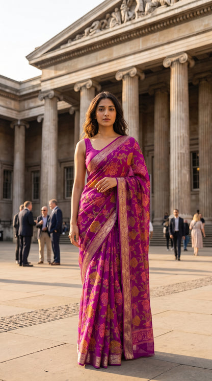 Full-length editorial portrait of a woman standing in front of a grand neoclassical building with stone columns, displaying the elegant straight silhouette and all-over floral print of a magenta chinon saree